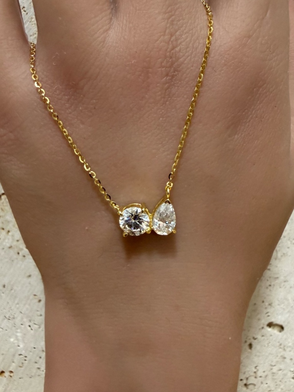 Gold tone Necklace with Round and Teardrop Moissanite Toi Et Moi Pendant 2CTW